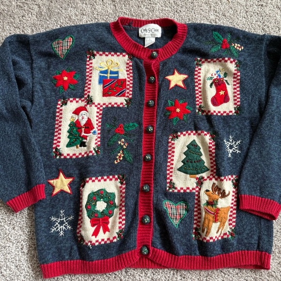 Vintage Patch Christmas Themed Cardigan Sweater Size Large - Picture 2 of 9
